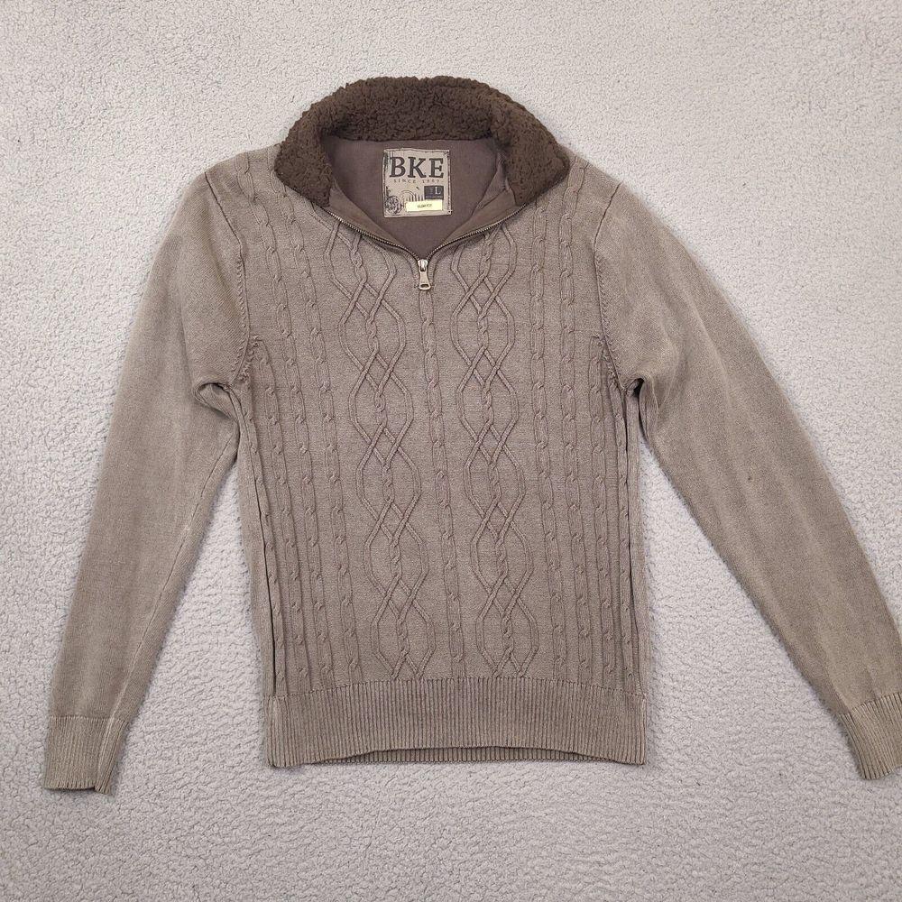 BUCKLE BKE Sweater Mens Large Slim Fit Brown Cotton 1/4 Zip Long Sleeve‎ Shirt